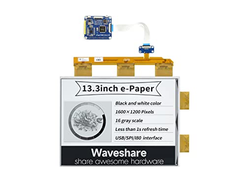 Waveshare 13.3inch E-Paper E-Ink Display HAT for Raspberry Pi 1600×1200 Pixels Black/White 2-16 Grey Scales USB/SPI/I80… von Waveshare