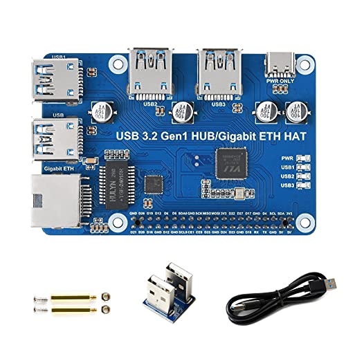 Waveshare 3 Ports USB 3.2 Gen1 Hub HAT für Raspberry Pi, mit 1000M/100M/10M Gigabit Ethernet Port, USB 3.2 Gen1 Ports Kompatibel mit USB 3.0/2.0/1.1, Treiberfrei, Plug & Play von Waveshare