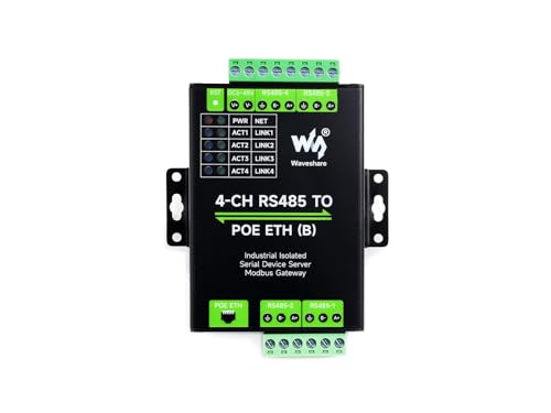 Waveshare 4-Ch RS485 to RJ45 Ethernet Serial Server, 4 Channels RS485 Independent Operation, Rail-Mount Industrial Isolated Serial Module, Modbus Gateway, PoE Ethernet Port von Waveshare