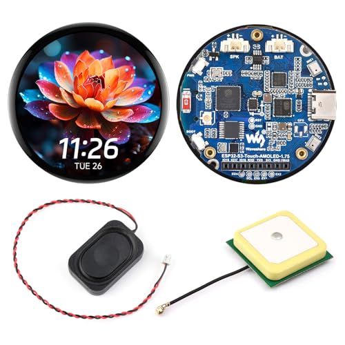 Waveshare ESP32-S3 1.75inch AMOLED Round Touch Display Development Board(GPS Version, No Case), 32-Bit LX7 2-Core Processor, 466x466, QSPI Interface, 2 Digital Microphones Array, ESP32 with Display von Waveshare