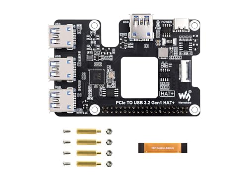 Waveshare PCIe to USB 3.2 Gen1 HAT+ Expansion Card for Raspberry Pi 5, PI5 Adapter Board, 4 USB Ports, 1-to-4 High-Speed USB Ports, HAT+ Standard, with Power Monitoring Chip & Fan Vent, Plug and Play von Waveshare
