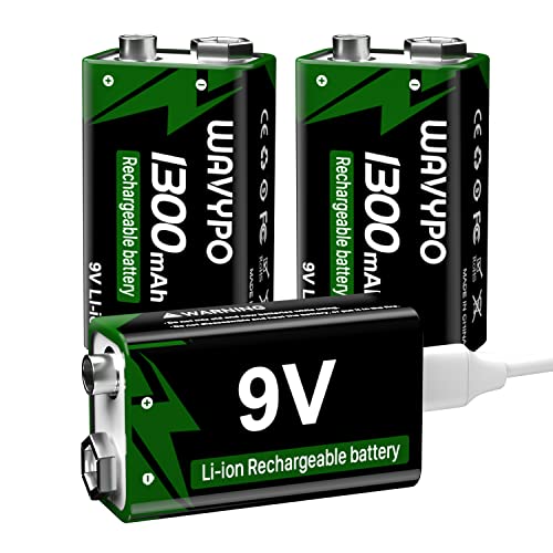 9V Akku wiederaufladbare, Wavypo 1300mAh Lithium batterien, mit USB-C-Schnellladekabel ideal für Mikrofon, Elektronisches Spielzeug, Rauchmelder, Medizinische Geräte usw -3 Stück von Wavypo