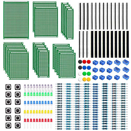 WayinTop Doppelseitig PCB Board 6 Größen mit Elektronik Komponenten Kit, 2,54mm Stiftleiste + 2/3 Pin Screw Terminal Block + Widerstände Sortiment 10-1M Ohm+ 5mm Led Dioden + Tactile Tastschalter von WayinTop