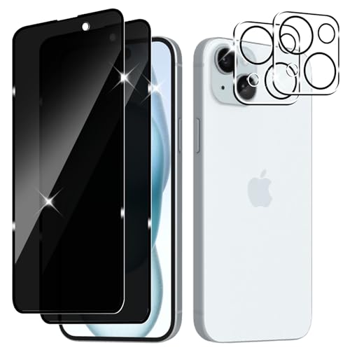 Wayneer Sichtschutz Schutzfolie für iPhone 15 Plus 6.7" für Panzerglas, 2 Stück Folie Mit 2 Stück Kamera Panzerfolie für Panzer Schutz Glas, 9H Härte Anti-Spy Privacy Sichtschutzfolie von Wayneer