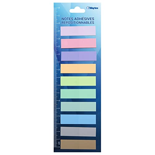 WAYTEX 200 selbstklebende Lesezeichen, wiederverwendbar, laminiert, 10 Farben, 10 Miniblöcke mit je 20 Sticky Noten, Pastellfarben, 45 x 12 mm von Waytex