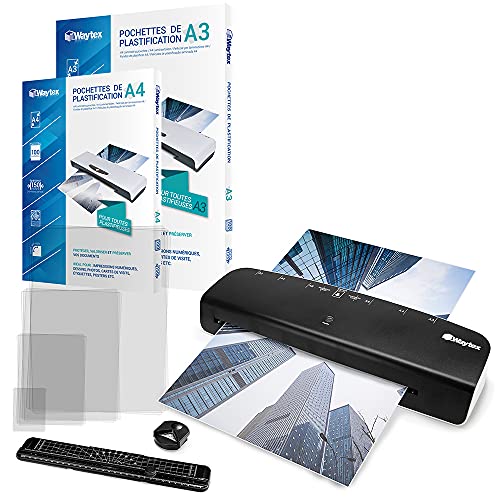 WAYTEX A78209P7376 Laminiergeräte-Set A3 A4 Pro schnell, bis zu 2 x 125 Mikron, mit Blattschneider, Winkelrunder, 100 Hüllen A3 + 100 A4 + 20 Multiformaten von Waytex