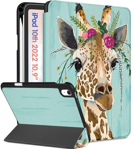 Wazzasoft Schutzhülle für Apple iPad 10. Generation, 10,9 Zoll, niedliches Frauen-/Mädchen-Folio-Cover, Teenager-Giraffen-Design, einzigartig, cool, mit Stifthalter, automatischer von Wazzasoft