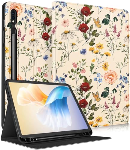 Wazzasoft Schutzhülle für Samsung Galaxy Tab S8/Tab S7, 27,9 cm (11 Zoll), für Damen und Mädchen, niedliches Folio-Cover mit Stifthalter, Kawaii-Design, mädchenhafte Blume, hübsche Tablet-Hüllen für von Wazzasoft