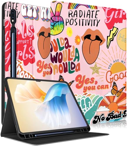 Wazzasoft Schutzhülle für Samsung Galaxy Tab S8 Ultra/Tab S9 Ultra 14,6 Zoll 2022/2023 für Frauen und Mädchen, Folio-Hülle mit Stifthalter, niedliches Design, Kawaii-Zitate, hübsche von Wazzasoft