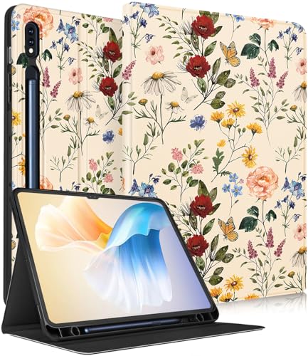 Wazzasoft Schutzhülle für Samsung Galaxy Tab S8 Ultra/Tab S9 Ultra 14,6 Zoll 2022/2023 für Frauen und Mädchen, niedliche Folio-Hülle mit Stifthalter, mädchenhafte Kawaii-Blume, hübsche Tablet-Hüllen von Wazzasoft