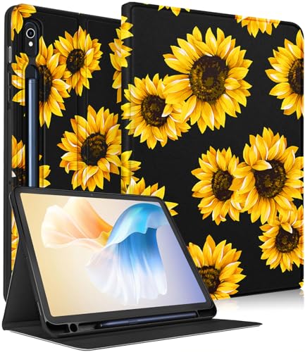 Wazzasoft Schutzhülle für Samsung Galaxy Tab S9 FE 5G/Tab S9 2023, für Damen und Mädchen, Folio-Schutzhülle mit Stifthalter, niedliches modisches Design, Kawaii, schwarze Sonnenblume, hübsche von Wazzasoft