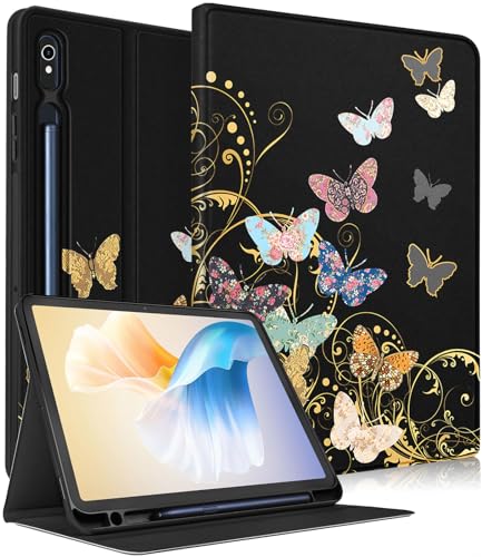 Wazzasoft Schutzhülle für Samsung Galaxy Tab S9 FE 5G/Tab S9 2023 für Damen und Mädchen, Folio-Schutzhülle mit Stifthalter, niedliches modisches Design, mädchenhaft, Kawaii-Schmetterling, hübsche von Wazzasoft
