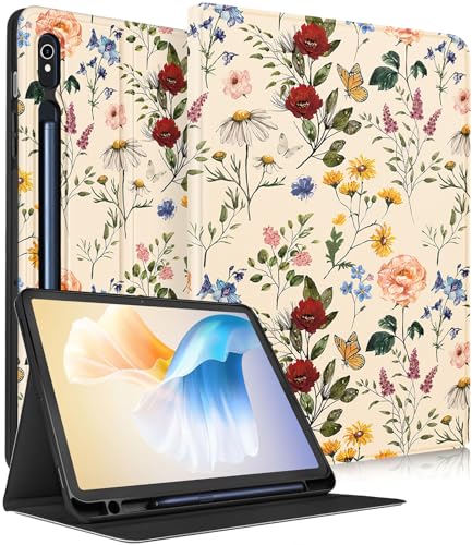 Wazzasoft Schutzhülle für Samsung Galaxy Tab S9 FE 5G/Tab S9 2023 für Damen und Mädchen, niedliches Folio-Cover mit Stifthalter, einzigartiges Design, mädchenhaftes Kawaii-Blumen-Design, hübsche von Wazzasoft