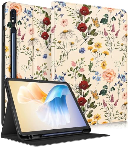Wazzasoft Schutzhülle für Samsung Galaxy Tab S9 Plus/S9 FE Plus 12,4 Zoll 2023 Frauen Mädchen Cute Folio Cover mit Stifthalter Kawaii Design Girly Flower Floral Pretty Unique Tablet Cases für Tab von Wazzasoft