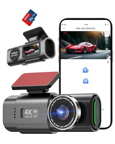 WiFi Dashcam Auto Vorne Hinten,4K+1080P,Auto Kamera,App-Steuerung Autokamera mit 64G SD-Karte,170°+140° Ultraweitwinkel,Mini 1.47 Zoll,Nachtsicht,WDR,G-Sensor,Loop-Aufnahm,Parküberwachung von WeBeqer