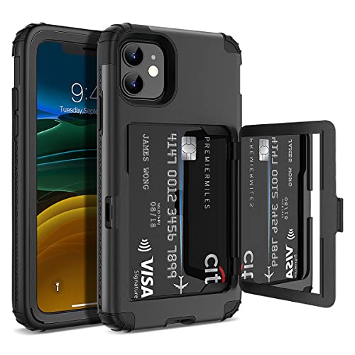 WeLoveCase Schutzhülle für iPhone 11, Brieftasche, Kreditkartenfach, mit verstecktem Spiegel, dreilagig, stoßfest, strapazierfähig, Rundumschutz, Schutzhülle für iPhone 11, Schwarz von WeLoveCase
