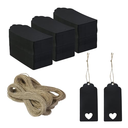 Wealrit Geschenkanhänger aus Kraftpapier mit 6 Seilen mit 100 m Schnur, Anhänger zum Aufhängen mit ausgeschnittenem Herz-Grußanhänger für Bastelarbeiten, Partygeschenke, Schwarz, 300 Stück von Wealrit