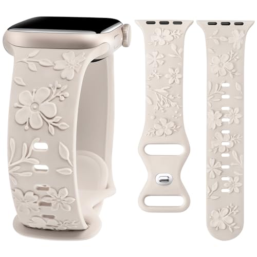 Wealizer Floral Gravierte Armband Kompatibel mit Apple Watch Armband 38mm 40mm 41mm Damen, Weiches Silikon Geprägt Kirschblüten Blumenmuster Sport Ersatzarmband für iWatch Serie 9 8 7 6 5 4 3 2 1 SE von Wearlizer