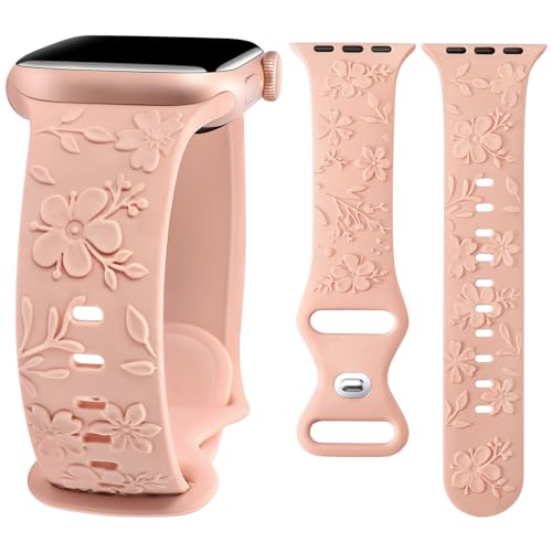 Wealizer Floral Gravierte Armband Kompatibel mit Apple Watch Armband 42mm 44mm 45mm 49mm Damen, Weiches Silikon Geprägt Kirschblüten Ersatzarmband für iWatch Serie 9 8 7 6 5 4 3 2 1 SE Ultra 1 2 von Wearlizer