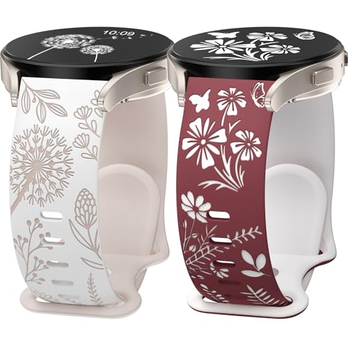 Wearlizer 2 Stück Blumengravur Armband Kompatibel Mit Samsung Galaxy Watch 7/6/5/4/Active 2 40mm 44mm Damen, Zweifarbige Floral Armbänder für 6 Classic/FE/5 Pro, Weiß/Rauchviolett von Wearlizer