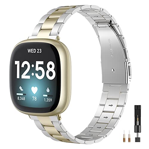 Wearlizer Armband Kompatibel mit Fitbit Sense/Versa 3/Versa 4/Sense 2 Armbänder Damen, Metall Edelstahl Ultra-Thin Chic Ersatz Armbänder für Frauen, Armband für Versa 3 Smart Watch, Gold Silber von Wearlizer