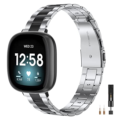 Wearlizer Armband Kompatibel mit Fitbit Sense/Versa 3/Versa 4/Sense 2 Armband Damen, Metall Edelstahl Ultra-Thin Ersatz Armbänder für Frauen, Armband für Versa 3 Smart Watch, Schwarz Silber von Wearlizer