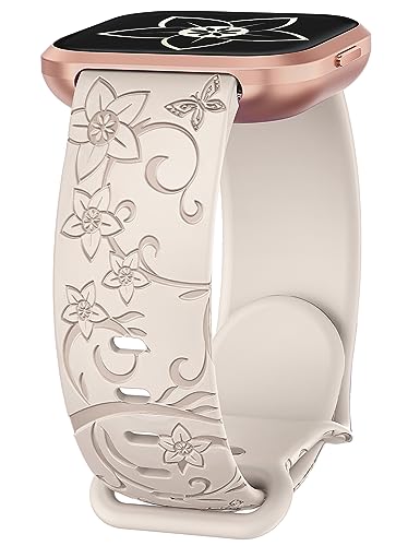 Wearlizer Floral Gravierte Armband Kompatibel mit Fitbit Versa 2/Versa/Versa Lite/Versa SE, Weiches Sport Silikon Niedliche Wilde Blumen Schmetterlinge Laser Ersatz Uhrenarmband für Damen Herren von Wearlizer