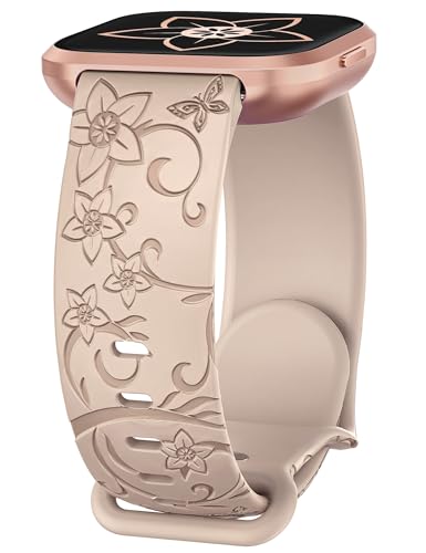 Wearlizer Floral Gravierte Armband Kompatibel mit Fitbit Versa 2/Versa/Versa Lite/Versa SE, Weiches Sport Silikon Niedliche Wilde Blumen Schmetterlinge Laser Ersatz Uhrenarmband für Damen Herren von Wearlizer