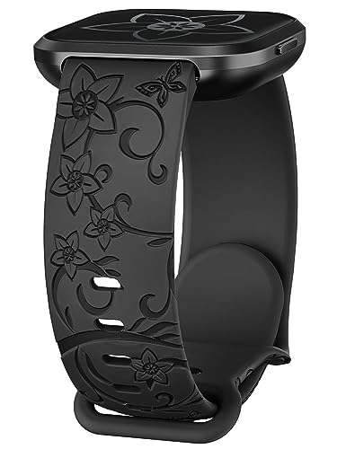 Wearlizer Floral Gravierte Armband Kompatibel mit Fitbit Versa 2/Versa/Versa Lite/Versa SE, Weiches Sport Silikon Niedliche Wilde Blumen Schmetterlinge Laser Ersatz Uhrenarmband für Damen Herren von Wearlizer