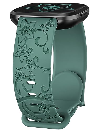 Wearlizer Floral Gravierte Armband Kompatibel mit Fitbit Versa 2/Versa/Versa Lite/Versa SE, Weiches Sport Silikon Niedliche Wilde Blumen Schmetterlinge Laser Ersatz Uhrenarmband für Damen Herren von Wearlizer