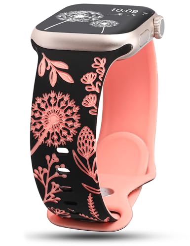 Wearlizer Floral Gravierte Kompatibel mit Apple Watch Armband 41mm 40mm 42mm 38mm Damen, Silikon Sport Blumenmuster Sportarmband für iWatch Strap Serie 10 9 8 7 6 5 4 3 2 1 SE, Schwarz/Pfirsich rosa von Wearlizer