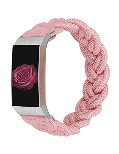 Wearlizer Kompatibel mit Fitbit Charge 4/ Charge 3 Armbänder für Damen Herren, Niedliche Elastische Deflochtene Stoff Dehnbar Armband Zubehör für Charge 4/ Charge 3/ Charge 3 SE, Rosa L von Wearlizer