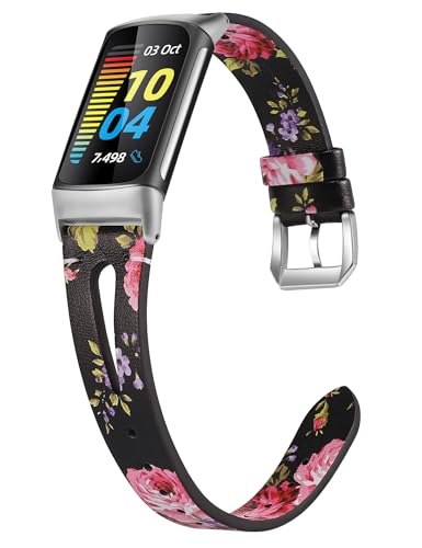 Wearlizer Kompatibel mit Fitbit Charge 5 Armbänder für Damen Herren, Weiches Lederarmband Ersatzarmband,Schlankes Armband zubehör für Charge 5 Activity Tracker, Pink von Wearlizer