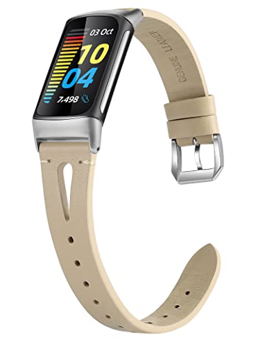 Wearlizer Kompatibel mit Fitbit Charge 6/Charge 5 Armbänder für Damen Herren, Weiches Lederarmband Ersatzarmband,Schlankes Armband zubehör für Charge 6/Charge 5 Activity Tracker, Beige von Wearlizer