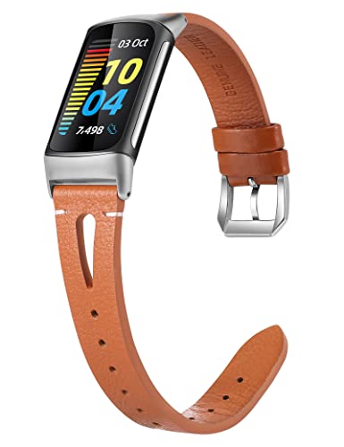 Wearlizer Kompatibel mit Fitbit Charge 6/Charge 5 Armbänder für Damen Herren, Weiches Lederarmband Ersatzarmband,Schlankes Armband zubehör für Charge 6/Charge 5 Activity Tracker, Braun von Wearlizer