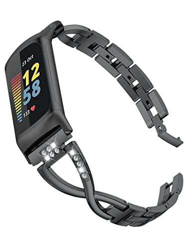 Wearlizer Kompatibel mit Fitbit Charge 6/Charge 5 Armband für Frauen Metall Ersatz niedlichen Armband mit Bling Strass Armband Armreif für Charge 6/Charge 5, Schwarz von Wearlizer