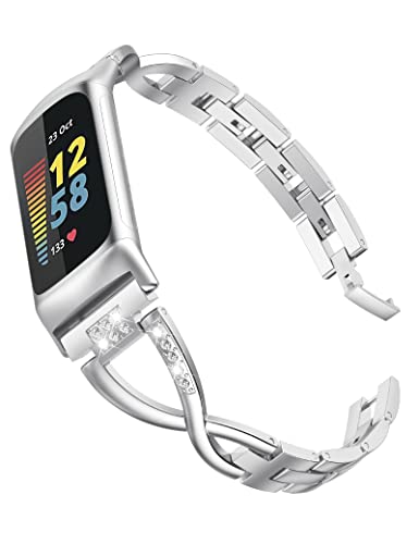 Wearlizer Kompatibel mit Fitbit Charge 6/Charge 5 Armband für Frauen Metall Ersatz niedlichen Armband mit Bling Strass Armband Armreif für Charge 6/Charge 5, Silber von Wearlizer