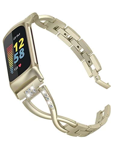 Wearlizer Kompatibel mit Fitbit Charge 6/Charge 5 Armband für Frauen Metall Ersatz niedlichen Armband mit Bling Strass Armband Armreif für Charge 6/Charge 5, Weiches Gold von Wearlizer