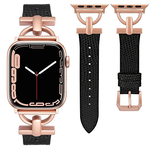 Wearlizer Lederarmband Kompatibel mit Apple Watch Armband 41mm 38mm 40mm 42mm 44mm 45mm 46mm 49mm,Elegant Leder Armband für IWatch Serie Utra 2/1 SE 10 9 8 7 6 5 4 3 2 1,Eidechse Schwarz/Rose Pink von Wearlizer