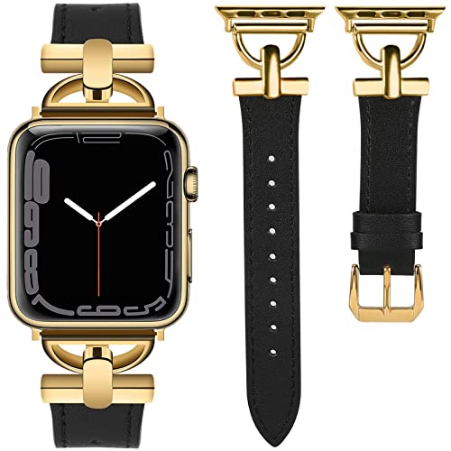 Wearlizer LederArmband Kompatibel mit Apple Watch Armband 41mm 38mm 40mm Frauen, Echtesleder Armband für iWatch Serie 9 8 SE 7 6 5 4 3 2 1, Schwarz/Gold von Wearlizer