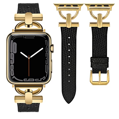 Wearlizer Lederarmband Kompatibel mit Apple Watch Armband 41mm 38mm 40mm 42mm 44mm 45mm 46mm 49mm,Elegant Leder Armband für IWatch Serie Utra 2/1 SE 10 9 8 7 6 5 4 3 2 1,Eidechse Schwarz/Rose Pink von Wearlizer