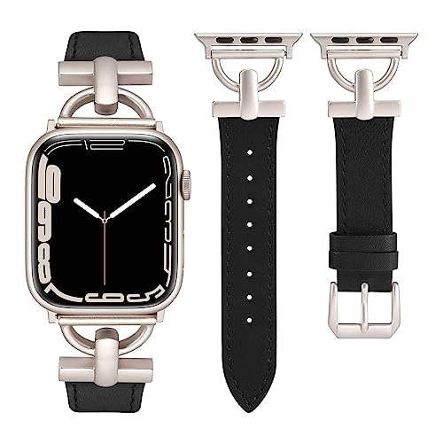 Wearlizer LederArmband Kompatibel mit Apple Watch Armband 42mm 44mm 45mm 49mm Frauen, Echtesleder Armband für Ultra 2/ Ultra iWatch Serie 9 8 SE 7 6 5 4 3 2 1, Schwarz/Polarstern von Wearlizer