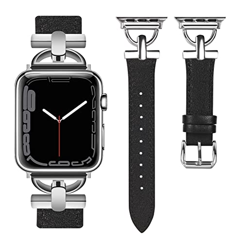 Wearlizer LederArmband Kompatibel mit Apple Watch Armband 42mm 44mm 45mm 49mm Frauen, Echtleder Armband für iWatch Ultra 2/ Ultra Serie 9 8 SE 7 6 5 4 3 2 1,Schwarz/Silber von Wearlizer