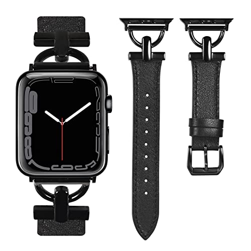 Wearlizer LederArmband kompatibel mit Apple Watch Armband 41mm 38mm 40mm Frauen, Elegantes Echtleder Armband für iWatch Armbänder Serie 9 8 SE 7 6 5 4 3 2 1,Schwarz/Schwarz von Wearlizer