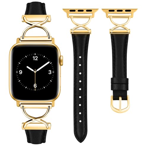 Wearlizer Lederarmband Kompatibel mit Apple Watch Armbänder 41mm 40mm 38mm 42mm Damen, Schlankes Elegant Dressy Armbänder mit X-Shape für iWatch SE Serie 10 9 8 7 6 5 4 3 2 1, Schwarz/Gold Wearlizer Lederarmband Kompatibel mit Apple Watch Armbänder 41mm 40mm 38mm 42mm Damen, Schlankes Elegant Dressy Armbänder mit X-Shape für iWatch SE Serie 10 9 8 7 6 5 4 3 2 1, Schwarz/Gold von Wearlizer