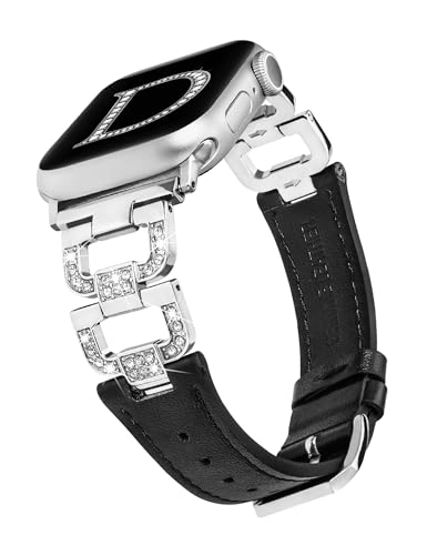 Wearlizer Lederarmband Kompatibel mit Apple Watch Strap 41mm 40mm 42mm 38mm Damen, Elegant Bling Diamant Ersatzarmband für iWatch Serie 10 9 8 7 6 5 4 3 2 1 SE,Schwarz/Silber,XS von Wearlizer