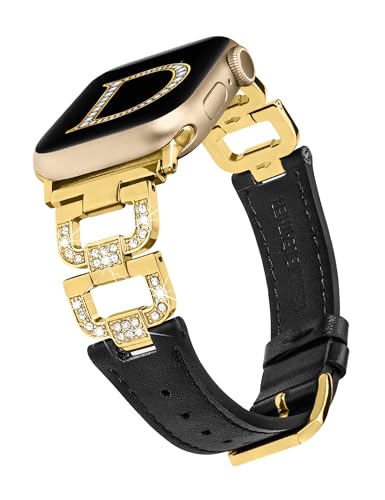 Wearlizer Lederarmband Kompatibel mit Apple Watch Armband 44mm 45mm 42mm 49mm Ultra 2 Damen Frauen, Echtes Bling D-Shape Diamant Ersatzarmband für iWatch Serie 10 9 8 7 6 5 4 3 2 1 SE,Schwarz/Gold,M von Wearlizer