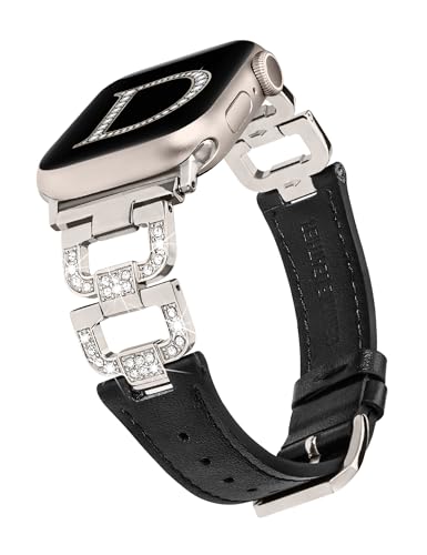 Wearlizer Lederarmband Kompatibel mit Apple Watch Armband 44mm 45mm 42mm 49mm Ultra 2 Damen Frauen, Bling D-Shape Diamant Ersatzarmband für iWatch Serie 10 9 8 7 6 5 4 3 2 1 SE,Schwarz/Polarstern,M von Wearlizer
