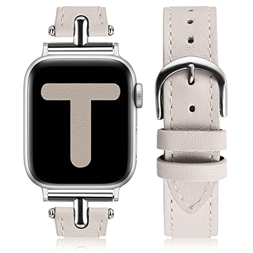 Wearlizer Lederarmband Kompatibel mit Apple Watch Armband 41mm 38mm 40mm Damen, Echtesleder Armband mit T-Form Metallschnalle für iWatch Armbänder Leder SE Serie 9 8 7 6 5 4 3 2 1, Polarstern/Silber von Wearlizer