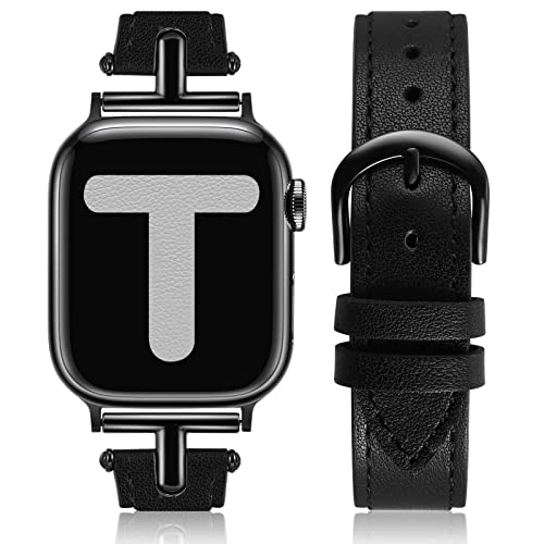 Wearlizer Lederarmband Kompatibel mit Apple Watch Armband 41mm 38mm 40mm Damen, Echtesleder Armband mit T-Form Metallschnalle für iWatch Armbänder Leder SE Serie 9 8 7 6 5 4 3 2 1, Schwarz/Schwarz von Wearlizer